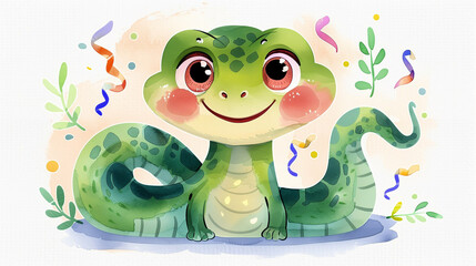 Cartoon snake with cute expression and colorful confetti in a playful setting