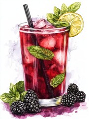 Watercolor Illustration of a Blackberry Mojito
