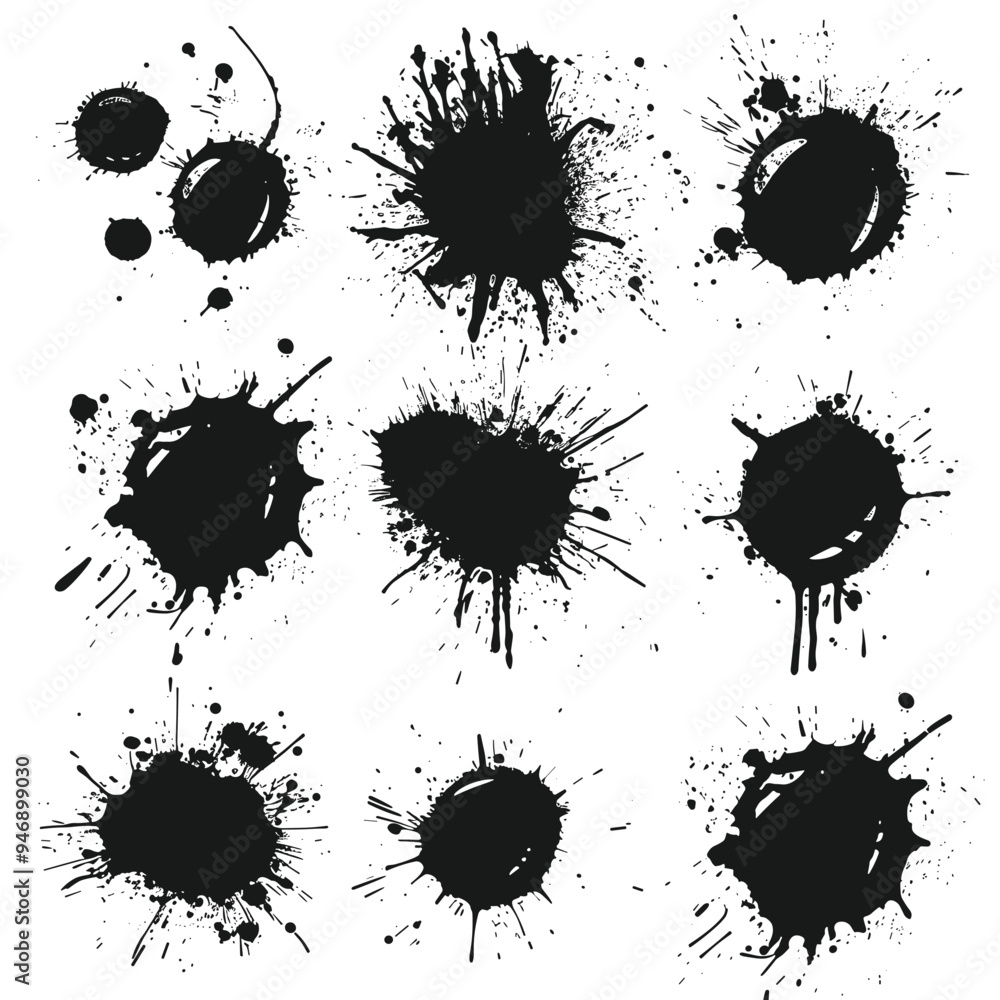Poster a collection of various black ink splatters on a white background, depicting different shapes and pa