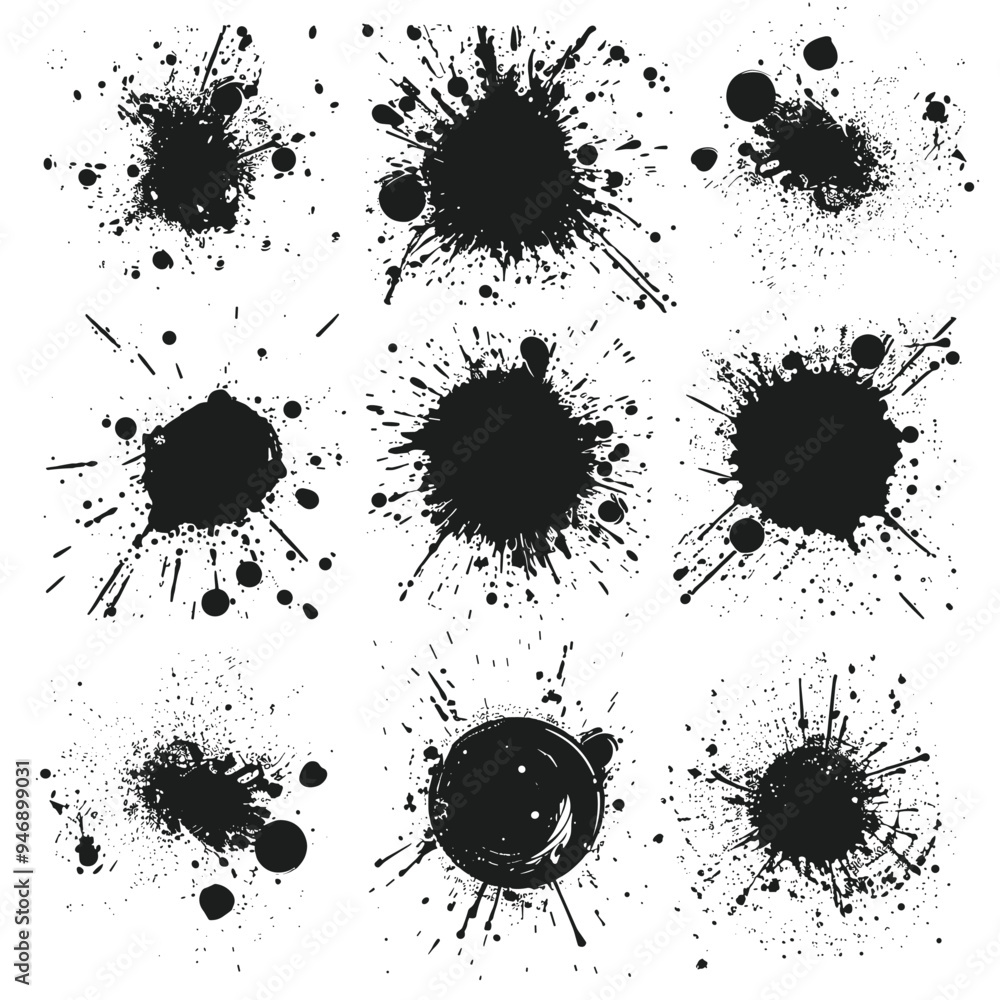 Poster collection of diverse ink splashes on a white background creating a dynamic and artistic effect.