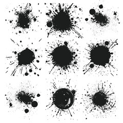 Collection of diverse ink splashes on a white background creating a dynamic and artistic effect.