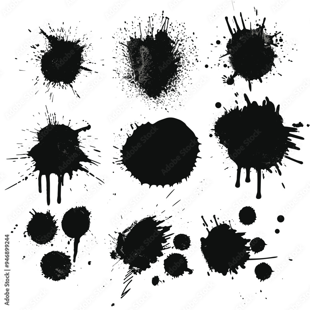 Poster a variety of abstract black ink splatters and stains on a white background in different shapes and s