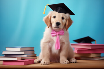 Golden retriever puppy with books and student cap. Minimal creative concept of going back to school or graduation day, education and learning. Freshman or rookie. Pastel colors, copy space background