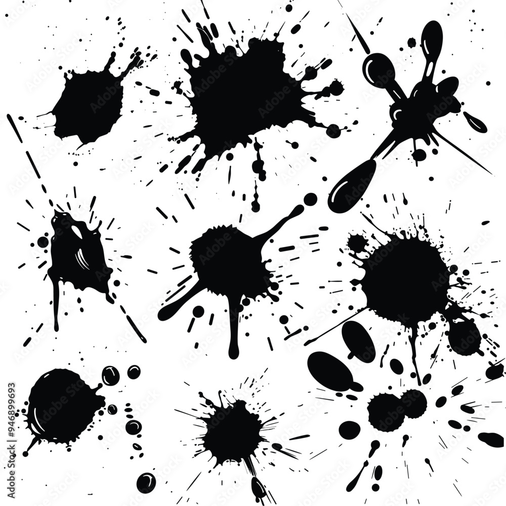 Poster abstract black ink splatters on a white background, creating a chaotic and dynamic visual effect.