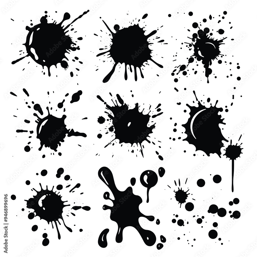 Poster a collection of nine unique black ink splatters and blotches on a white background, showcasing vario