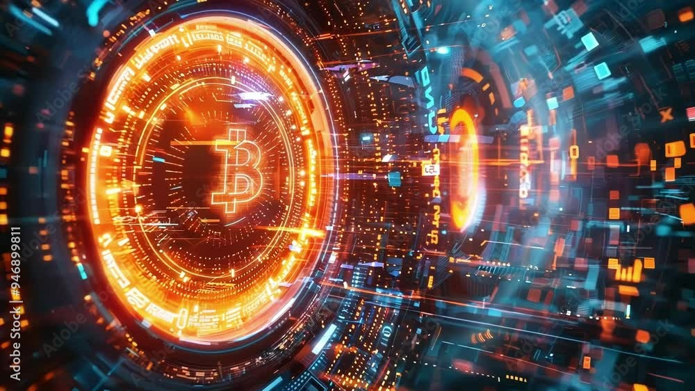 Poster glowing orange bitcoin symbol emerging from a futuristic portal with data streams traveling at high 