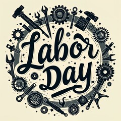 Labor Day calligraphy with tools and gears