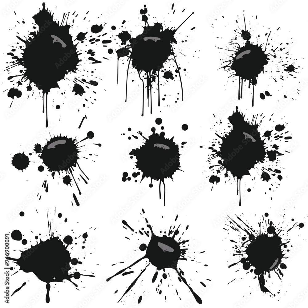 Poster collection of black ink splatters and splashes on a white background featuring various shapes and si