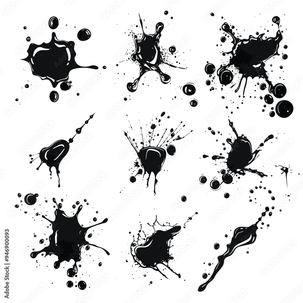 Poster a collage of various black ink splatters on a white background, each with unique shapes and patterns