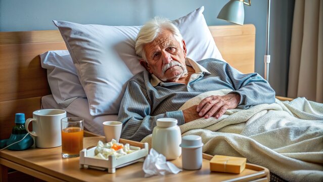 Elderly individual lying in bed, frail and weak, surrounded by medical equipment, tissues, and pill bottles, conveying a sense of vulnerability and illness.