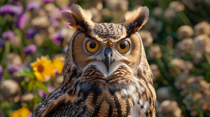 Fototapeta premium Owl closeup with natural landscape generative ai