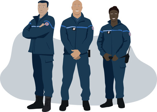 illustration vectorielle repr&eacute;sentant des personnages, gardiens de prison, surveillant p&eacute;nitentiaires fran&ccedil;ais, hommes et femme