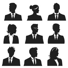 Silhouettes of diverse business professionals in various poses against a white background.