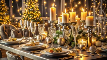 Elegant dinner table set for New Year's Eve, adorned with gold and silver decorations, candles, and a stunning centerpiece, surrounded by champagne flutes and glasses.