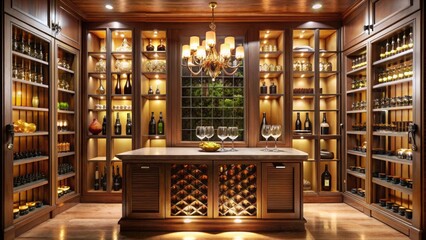 Elegantly designed wine cabinet with glass doors and soft lighting, showcasing a curated selection of fine wines and champagne, set against a warm, rich wood background.