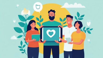 Group of people with a tablet displaying a heart