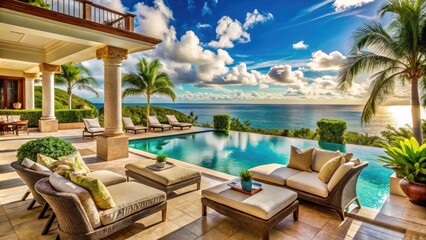 Fototapeta premium Elegant, sun-kissed villa overlooking turquoise ocean waters, with plush lounge chairs, lush greenery, and opulent outdoor decor, exuding ultimate relaxation and indulgent splendor.