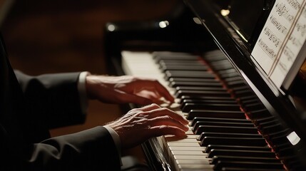 A close-up of a hands gracefully playing the keys of a grand piano, with sheet music visible on the...