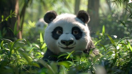 Fototapeta premium Panda closeup with natural landscape. generative ai