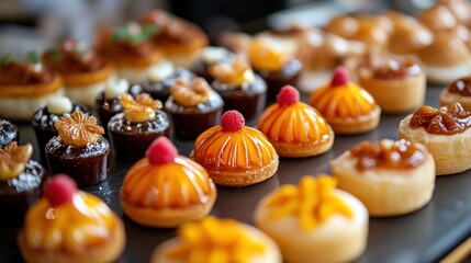 A Close-Up View of a Variety of Small Cakes and Pastries on a Black Tray