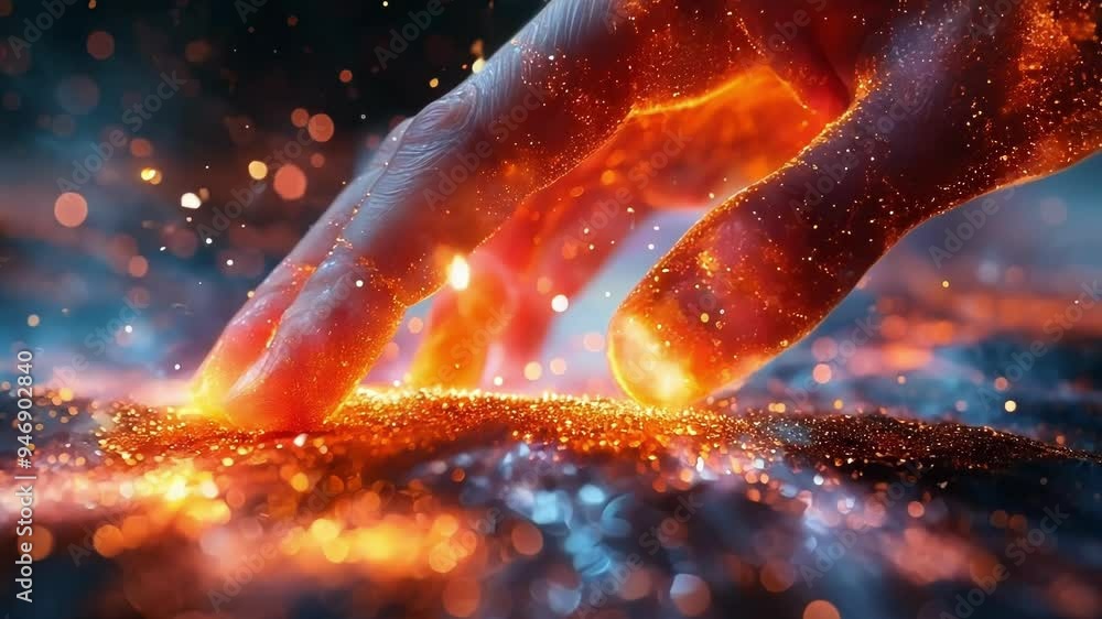 Poster hand reaching down from above touching a stream of glowing particles flowing upward representing fin