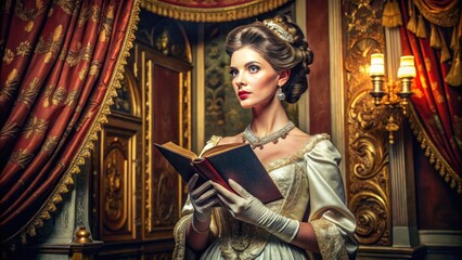 Obraz premium Elegant woman in ornate opera house attire holds a leather-bound book, surrounded by lavish curtains and golden accents, exuding refinement and sophistication.