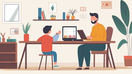 Father and Son Working on Laptops at Home