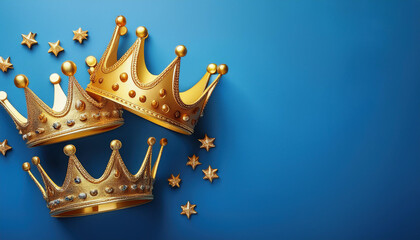 banner of Three gold crowns on blue background, symbol of Tres Reyes Magos ( Three Wise Men) who come bringing gifts for the kids on Epiphany or Dia de Reyes Magos, copy space