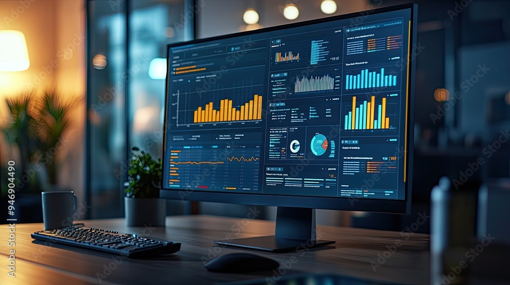 Poster desktop computer screen shows graphs. this image is perfect for illustrating business, finance, tech