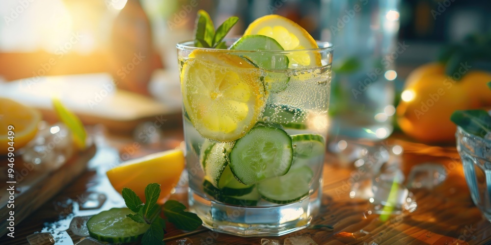 Poster sassy water with cucumber and lemon on a rustic wooden table ample space for your text