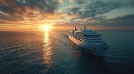 A cruise ship sails on the ocean at sunset. This image is ideal for travel, vacation, and luxury lifestyle themes.