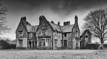 Obraz premium Elegance Amidst Ruins: A Derelict Mansion's Faded Grandeur Beckons Creative Design and Textual Canvas in the Realm of Stock Photography