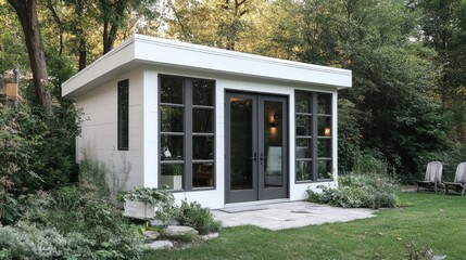 A white modern shed with large windows. This image shows a contemporary design shed perfect for a backyard office or studio.