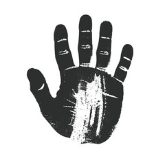 Black handprint with white brushstrokes on a white background, symbolizing creativity and expression.