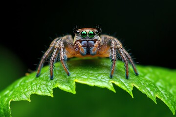 Spider perched on a leaf, captured in a macro photo that reveals the fine details of its legs and markings