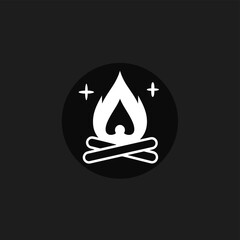 Minimalist icon depicting a campfire with crossed logs against a black background.