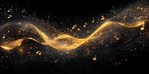 golden glowing musical notes on a dark background