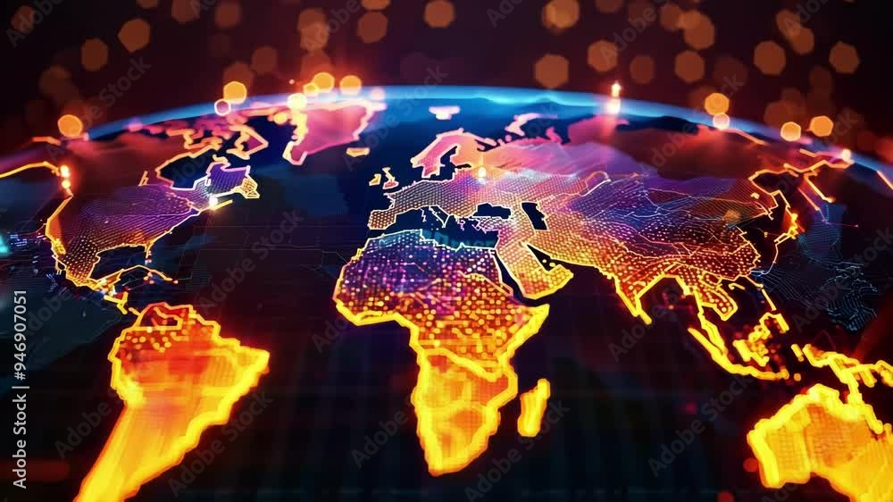Poster abstract world map showing continents glowing with interconnected dots representing global communica