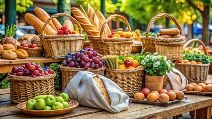 Freshly baked bread and vibrant fruits overflow from reusable tote bags and wicker baskets on a rustic wooden table, surrounded by urban market ambiance.