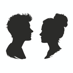 Fototapeta premium Silhouettes of a young man and woman facing each other on a plain white background.