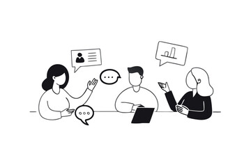 Business team discussing project. Black and white doodle art. Vector flat illustration