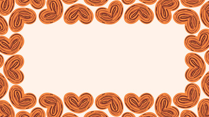 Cozy rectangular border frame with illustrations of heart-shaped pastries in warm, orange tones. Soft beige background, with the center blank, ideal for adding text or designs. Autumn projects.