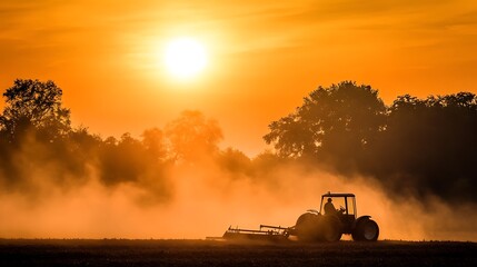 Fototapeta premium Hardworking Farmer Plowing a Fertile Field Under a Clear Blue Sky