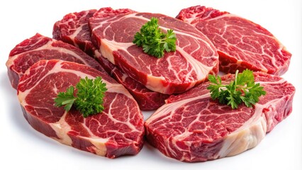 Fototapeta premium Freshly cut raw meat steaks with varying marbling patterns isolated on a transparent background, showcasing rich colors and textures of tender beef.