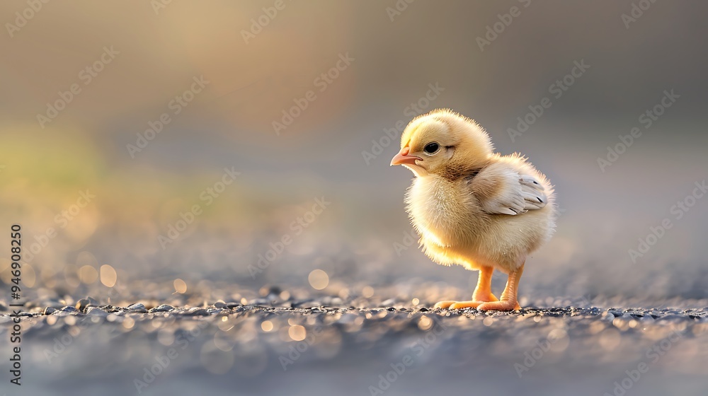 Sticker A cute chick standing on a path, illuminated by soft sunlight, showcasing its fluffy feathers and curiosity.