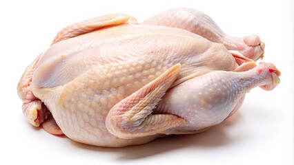 Freshly plucked whole raw chicken isolated on white background, showcasing detailed feathers, pinkish-white skin, and tender meat, perfect for culinary and food-related uses.