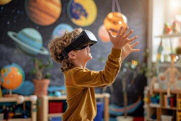 A young boy wears a VR headset, experiencing a virtual world. He smiles and gestures with his hands, indicating interaction with the virtual environment.