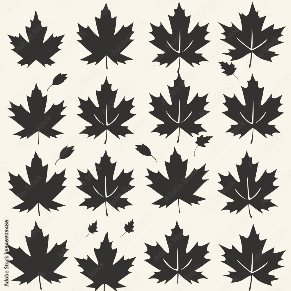 Poster seamless pattern of black maple leaves on a white background creating a minimalist and vintage look.