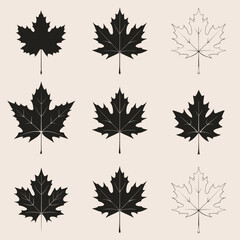 Fototapeta premium Black and white maple leaf silhouettes and outlines arranged in a grid pattern.