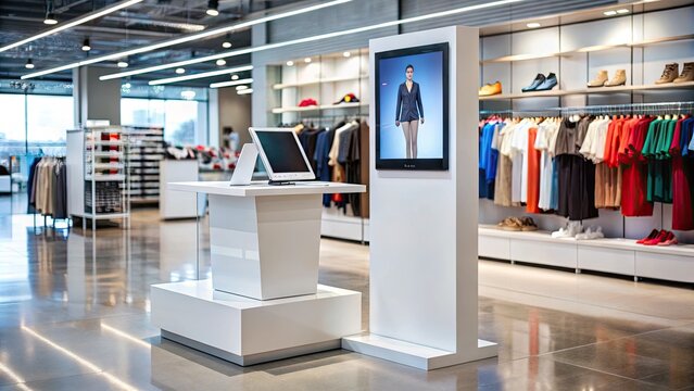 Friendly digital assistant kiosk stands ready to provide customer support and streamline purchases in a modern, well-lit retail store with sleek shelving and displays.